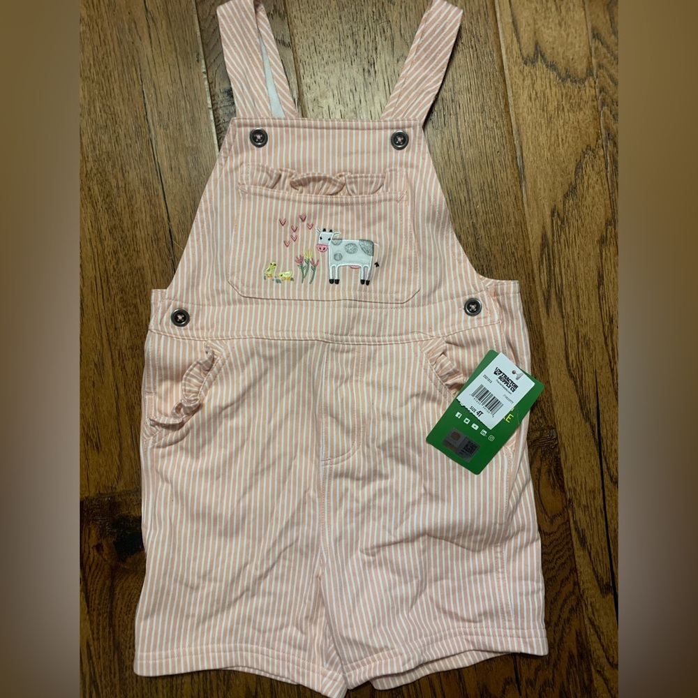 John Deere Pink & White Striped Girls' Overalls with Cow Embroidery
